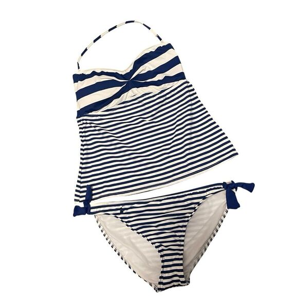 POLO Ralph Lauren Navy White Striped Nautical Tankini 2 Piece MED NWT - Picture 1 of 5